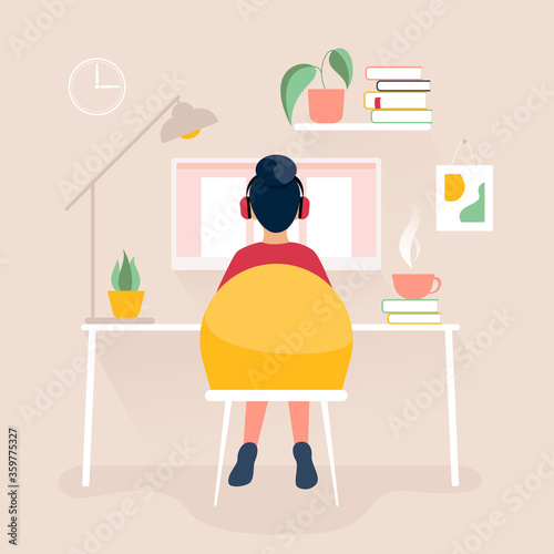 Woman working from home,  freelancer, e-learning concept. Girl studying, drinking coffee. Freelancer, student cartoon character