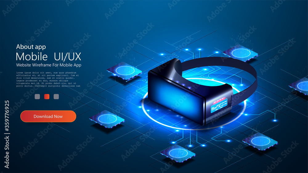 Futuristic virtual reality helmet in isometry on a blue background. Headset / helmet / glasses in abstract augmented virtual reality  Flat design template for mobile app and website. Virtual reality