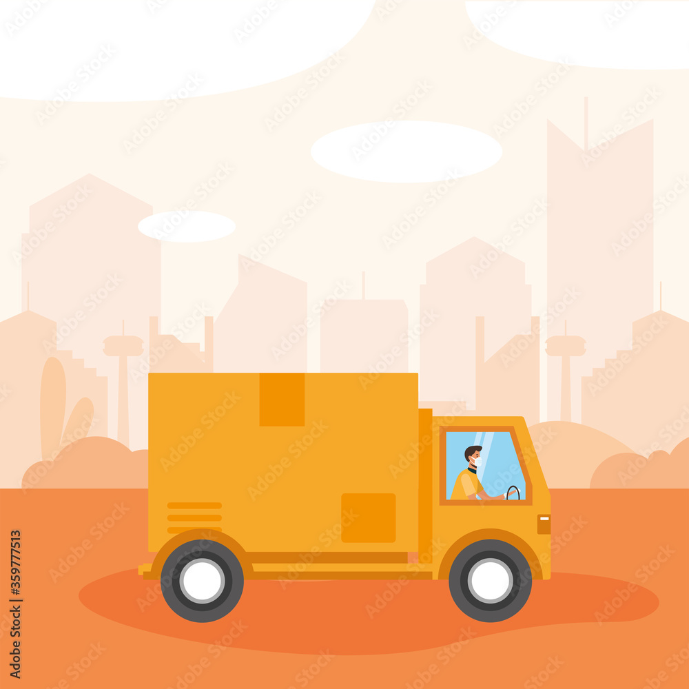Man with medical mask on truck vector design