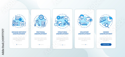 Unemployment types onboarding mobile app page screen with concepts. Labor market crisis, job loss problem walkthrough five steps graphic instructions. UI vector template with RGB color illustrations