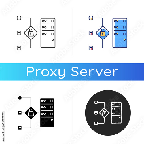 Open proxy icon. Public VPS service, internet accessibility, virtual network. Linear black and RGB color styles. Forward proxy server available for all users. Isolated vector illustrations