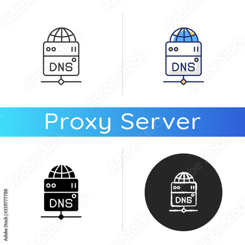 DNS server icon. Local domain name system, transfering user requests. Linear black and RGB color styles. Technology for accessing website URL via host name. Isolated vector illustrations