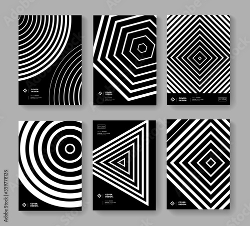 Abstract geometric shapes poster template set. Modern monochrome pattern vector design. Trendy minimal background for Brochures, Placards, Banners, Covers.