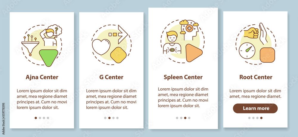 Energy center type onboarding mobile app page screen with concepts. Spiritual body channel. Human design walkthrough 5 steps graphic instructions. UI vector template with RGB color illustrations