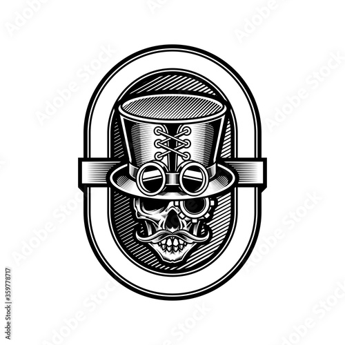 skull in top hat steampunk style logo illustration and tshirt design