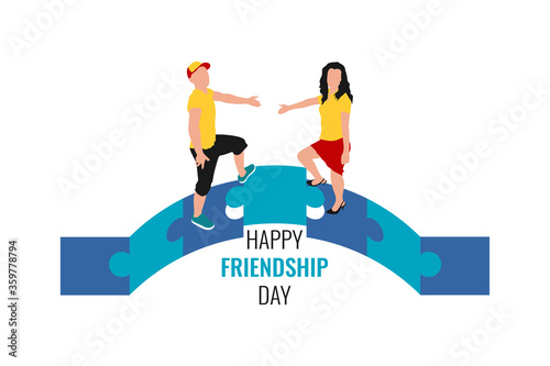Happy friendship day greeting card with young man and woman building blue puzzle bridge on white background. Vector illustration.