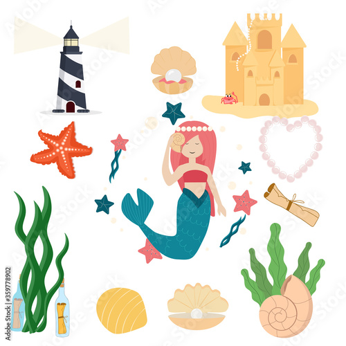 Vector set on the marine theme. Mermaid, sand castle, shells, pearl, lighthouse, bottle with a note, seaweed. Undersea world. Flat drawing style. photo