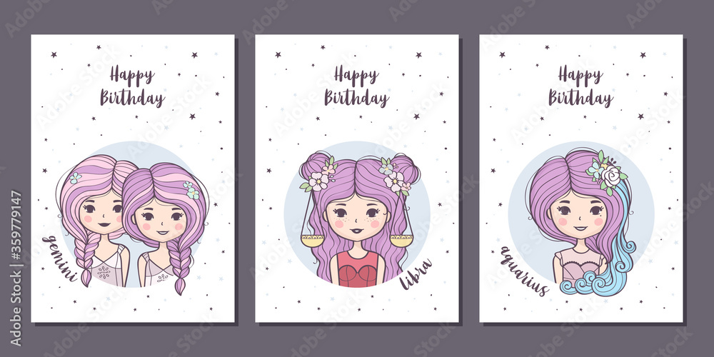 Set of birthday greeting cards design with cute cartoon zodiac girls. Air zodiacal signs: Gemini, Libra, Aquarius. Vector illustration