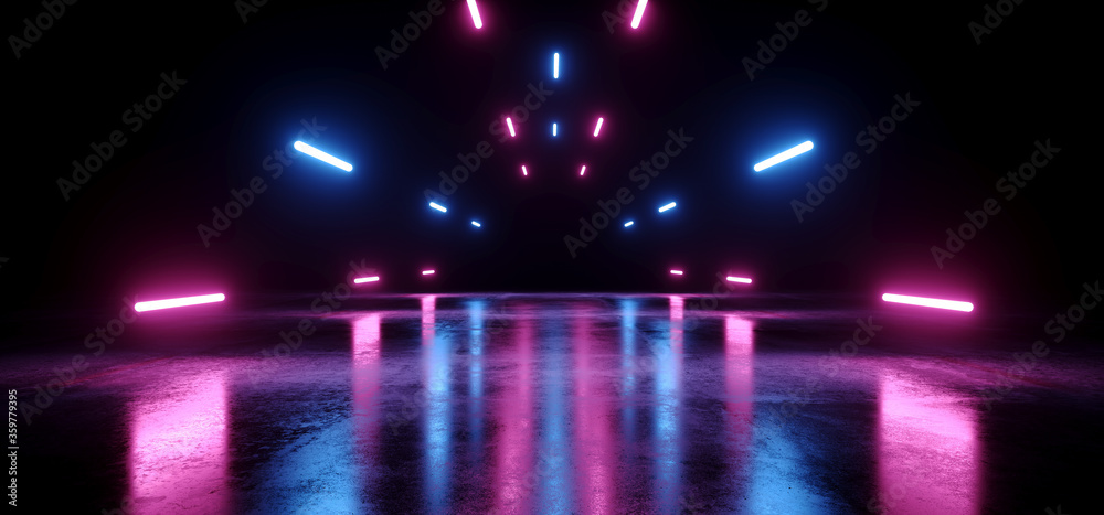Glowing Neon Laser Blue Purple Warehouse beams Studio Lights Industrial Background Concrete Grunge Hallway Tunnel Corridor Dark Cyber Virtual Underground 3D Rendering