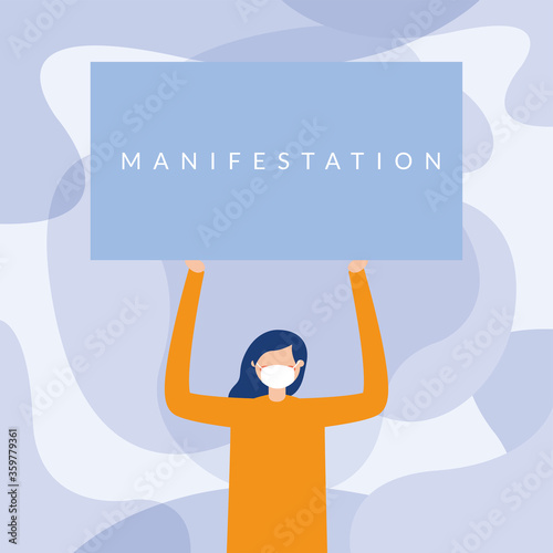 Woman with medical mask and manifestation banner board vector design