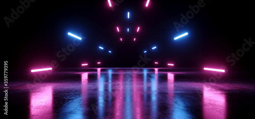 Glowing Neon Laser Blue Purple Warehouse beams Studio Lights Industrial Background Concrete Grunge Hallway Tunnel Corridor Dark Cyber Virtual Underground 3D Rendering