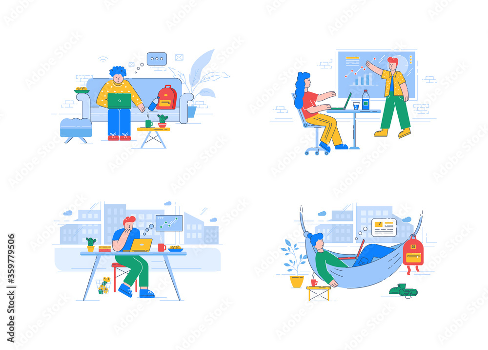 Coworking semi flat RGB color vector illustrations set. Work in office and remote job opportunity. Company employees and freelancers isolated cartoon characters pack on white background