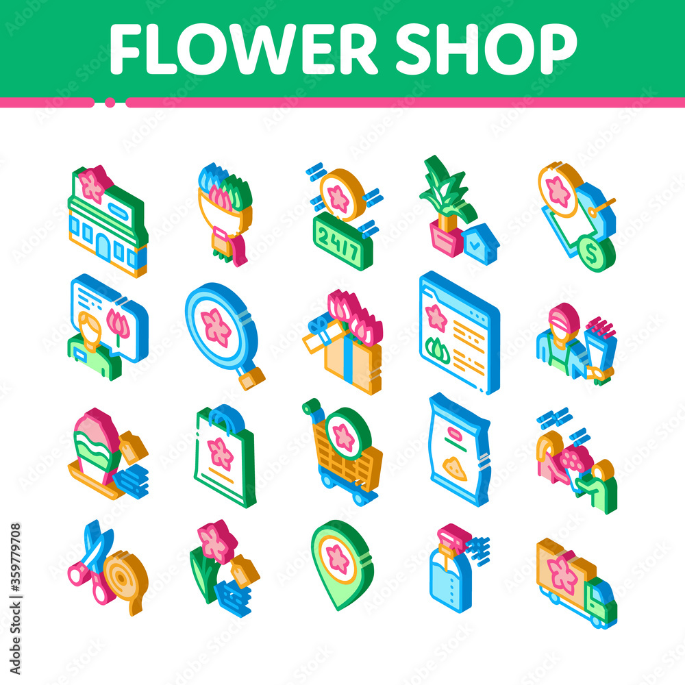 Flower Shop Boutique Icons Set Vector. Isometric Flower Store Building And Delivery, Floral Present And Vase, Internet Web Site And Bag Illustrations