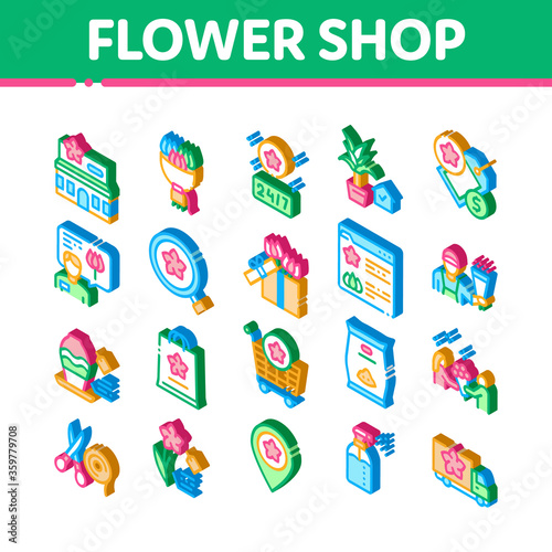 Flower Shop Boutique Icons Set Vector. Isometric Flower Store Building And Delivery  Floral Present And Vase  Internet Web Site And Bag Illustrations