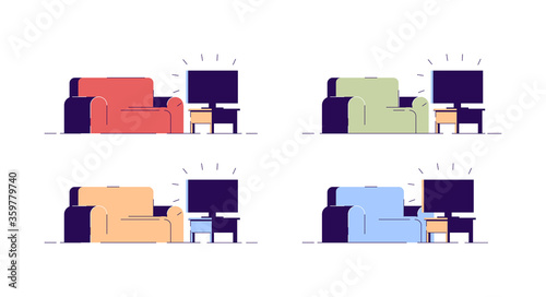 Couch and TV semi flat RGB color vector illustrations set. Different color sofas and television sets isolated cartoon objects on white background. Home interior elements, living room furniture pack