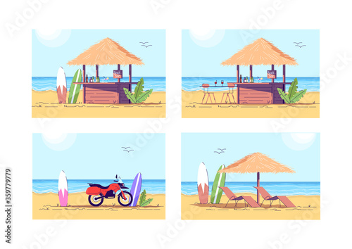 Relaxation on beach semi flat vector illustration set. Cocktail bar to drink refreshment. Motorcycle and surfboard. Extreme sport. Hawaii summer 2D cartoon scenery for commercial use collection