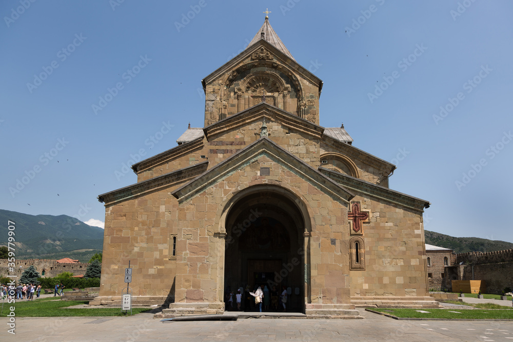 MTSKHETA, GEORGIA, JUNE 15: Tourists visits the ancient Svetitskhoveli Cathedral at Mtskheta town, Georgia on June 15, 2018