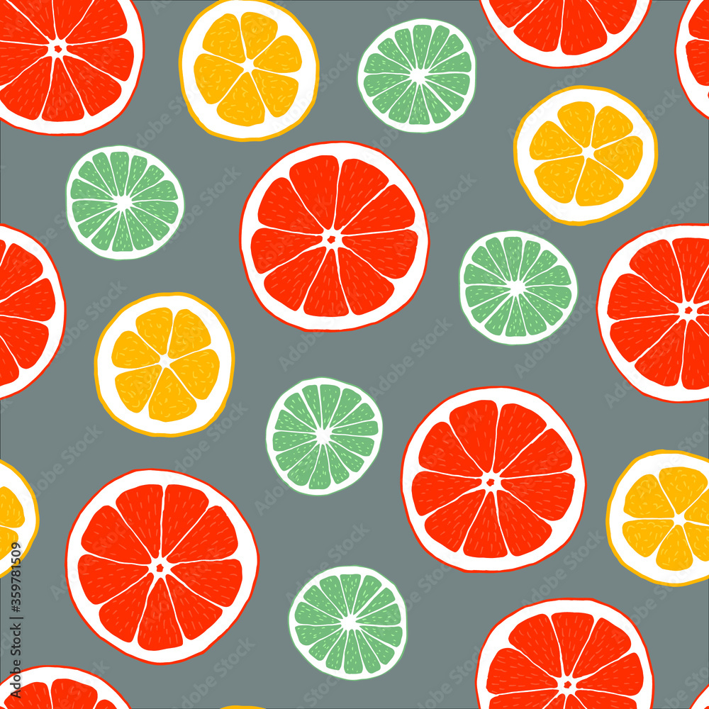 Citrus seamless pattern. Oranges, grapefruits and limes on gray background. Stylish fruit wallpaper. Hand drawn summer stylish ornament.