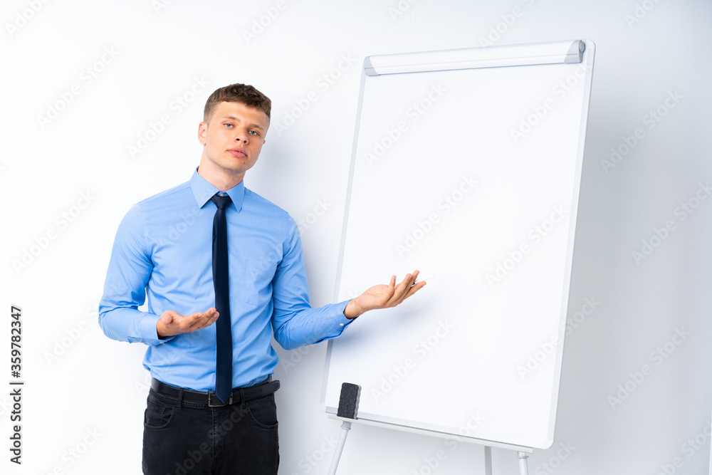 Young businessman giving a presentation on white board giving a presentation on white board Young businessman giving a presentation on white board giving a presentation on white board