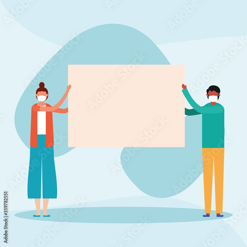 Woman and man with medical mask and banner board vector design