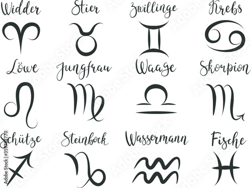 Zodiac sign icons, German names. Astrology signs, calligraphy illustrations, hand lettering vector symbols