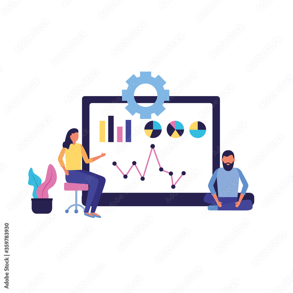 Fototapeta premium Businessman and businesswoman with laptop vector design