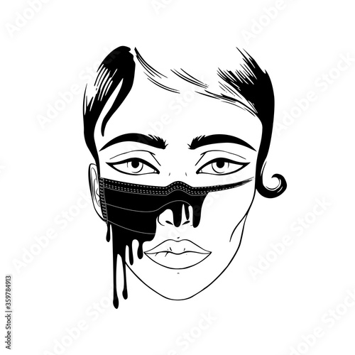 Vector black sketch of a woman's face with a painted medical mask photo