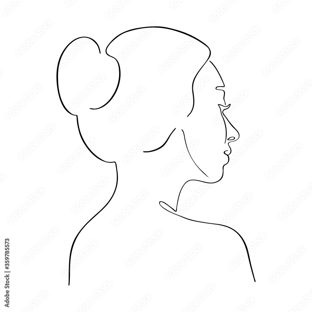 Backside woman portrait. Hand drawn line art sketch. Vector outline drawing. Beauty concept