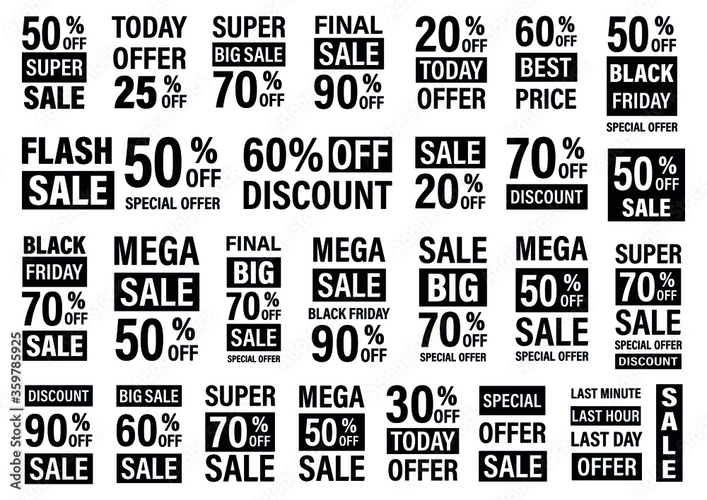 Big sale collection for banners, labels, posters. Black Friday sale. Vector illustration.