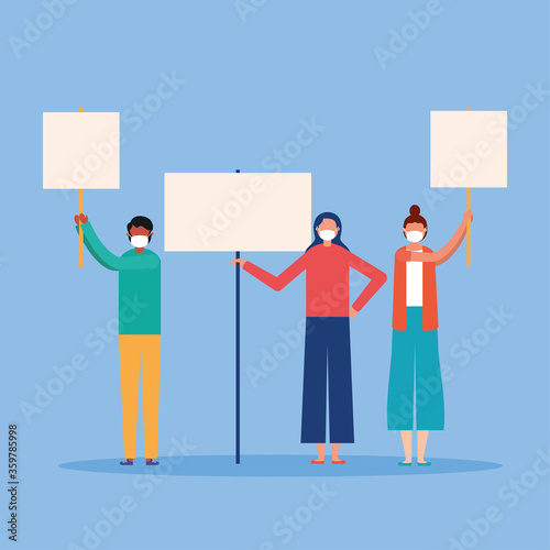 People with medical masks and banners boards vector design