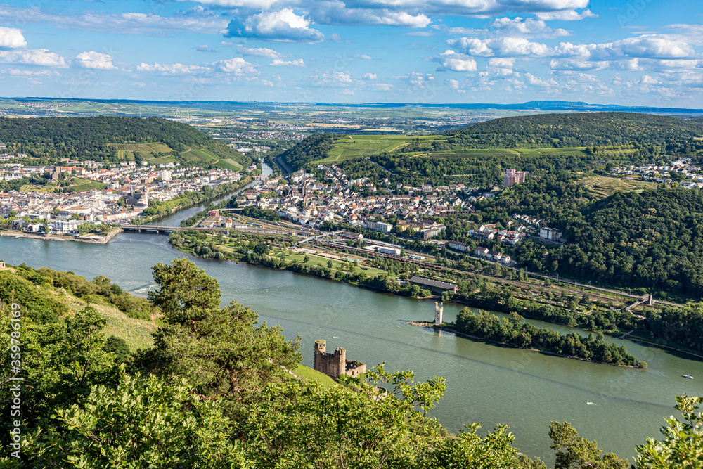 Fototapeta premium view to river Rhine and River Nahe at Ruedesheim