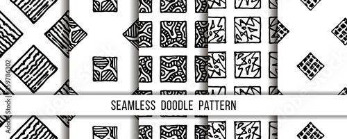Set of seamless grunge doodle modern patterns. Geometry square fabric samples