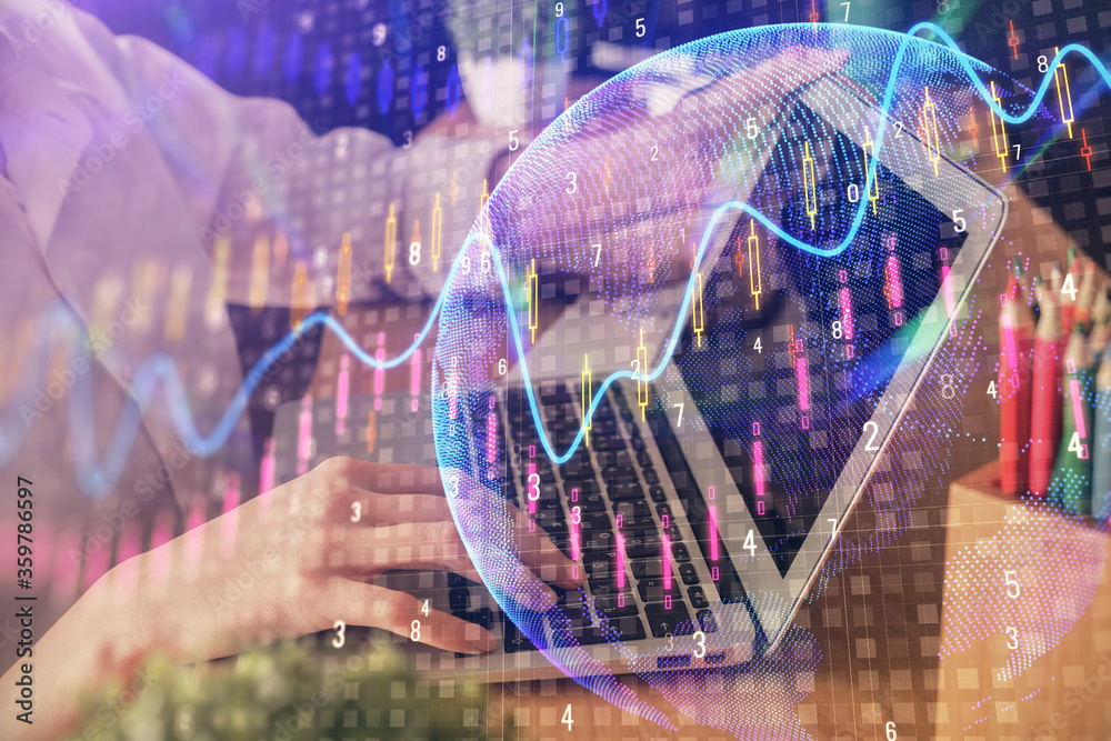 Double exposure of woman hands typing on computer and forex chart hologram drawing. Stock market invest concept. Double exposure of woman hands typing on computer and forex chart hologram drawing. Stock market invest concept.