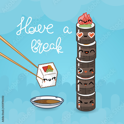 Kawaii sushi poster with cute sushi characters
