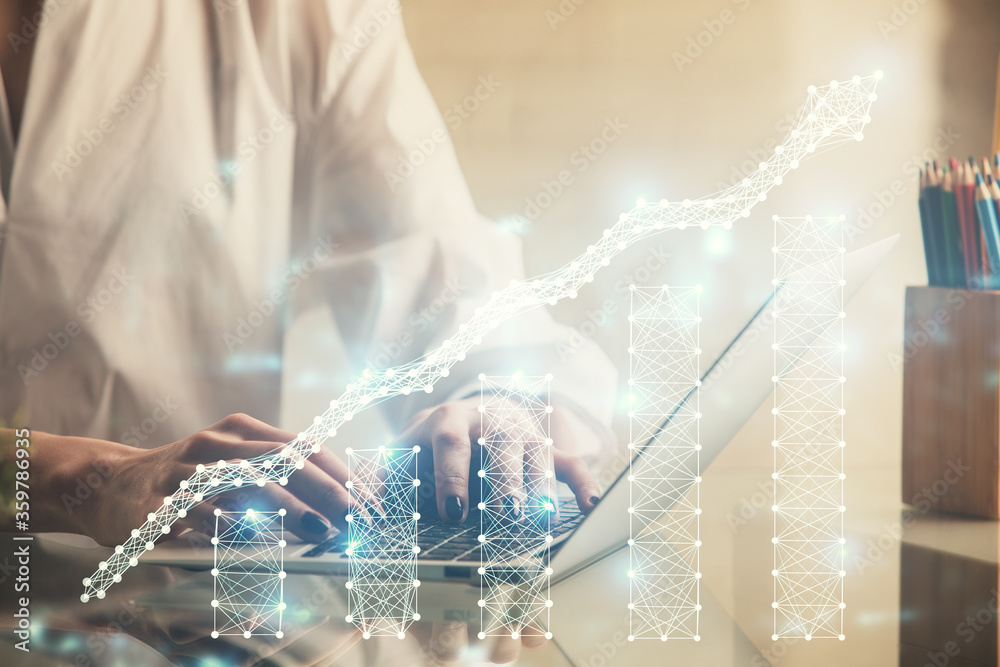 Double exposure of woman hands typing on computer and forex chart hologram drawing. Stock market invest concept. Double exposure of woman hands typing on computer and forex chart hologram drawing. Stock market invest concept.