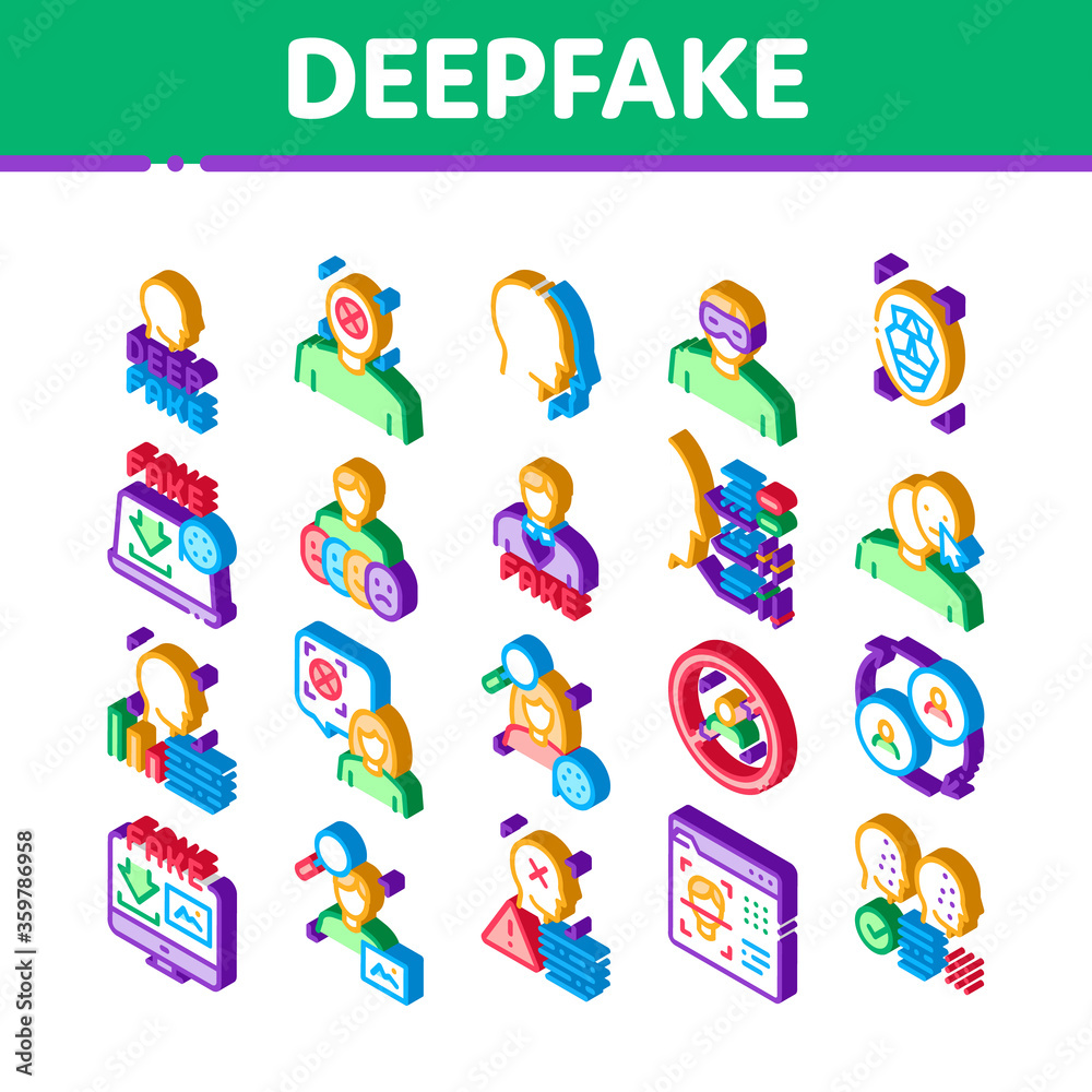Fototapeta premium Deepfake twarzy fałszywe ikony wektor zestaw. Izometryczne badania i zmiany twarzy ludzkiej, analiza wideo komputerowego i pobieranie ilustracji graficznych