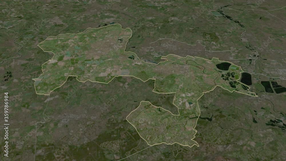 Windsor and Maidenhead, metropolitan district with its capital, zoomed and extruded on the satellite map of England in the conformal Stereographic projection. Animation 3D Windsor and Maidenhead, metropolitan district with its capital, zoomed and extruded on the satellite map of England in the conformal Stereographic projection. Animation 3D
