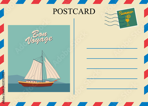 Postacrd summer vintage Sailboat ocean. Vacation travel design card with postage stamp