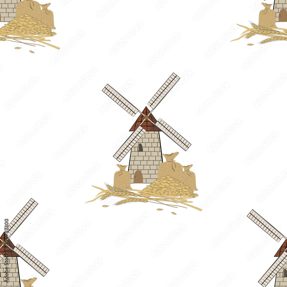 Vector seamless pattern of mills, bags with grain and ears of wheat on a white background. Vector seamless pattern of mills, bags with grain and ears of wheat on a white background.
