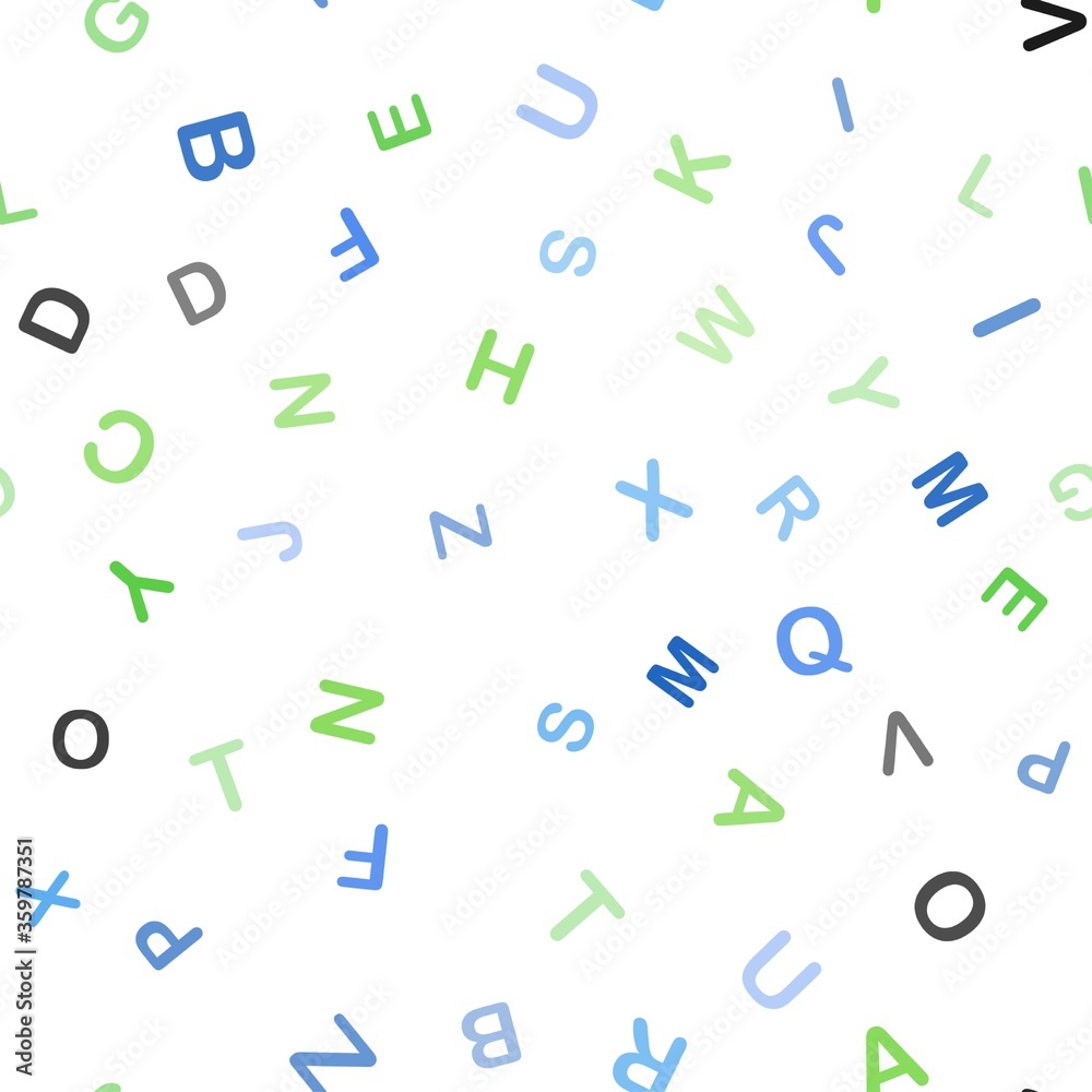 Light Blue, Green vector seamless backdrop with english symbols. Shining colorful illustration with isolated letters. Pattern for design of fabric, wallpapers.