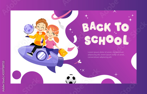 Concept Of Back To School. Kids Ready To Study In New Academic Year. Happy Classmates Boy And Girl Flying On Rocket Together Holding Globe And Book In Hands. Cartoon Flat Style. Vector Illustration