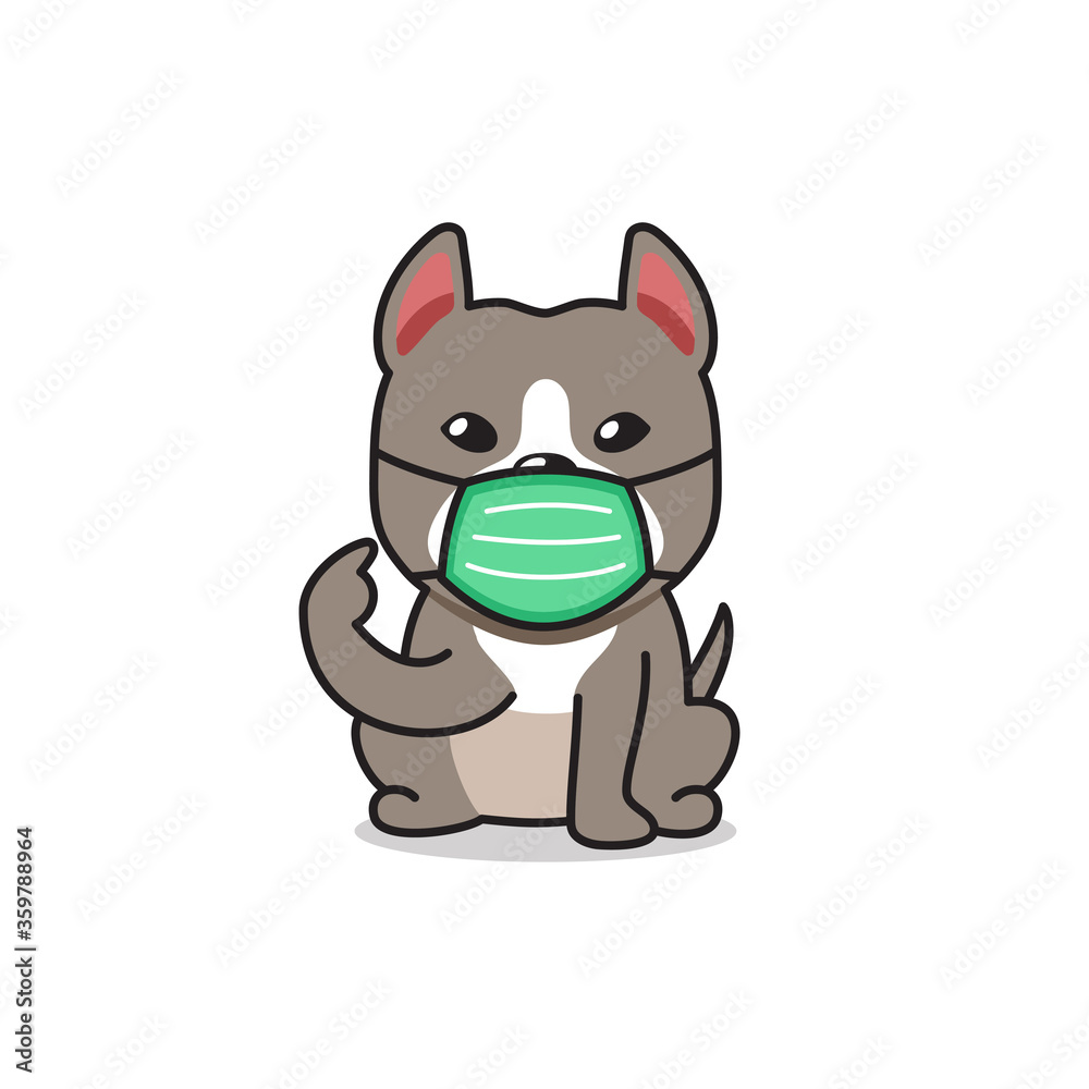 Cartoon character pitbull terrier dog wearing protective face mask for design.