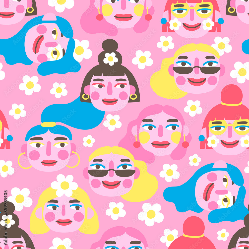 Seamless pattern with female faces on pink. Abstract background. Great for fabric, textile, wrapping paper, social network, feminism theme, Womens Day. Vector Illustration.