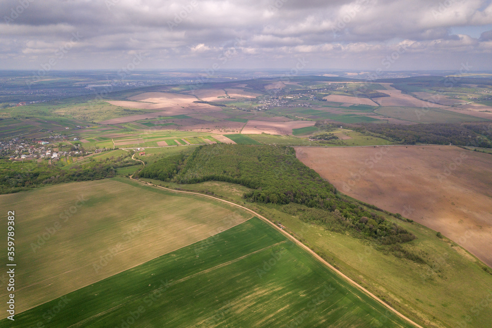 Aerial view of green agriculture fields in spring with fresh vegetation after seeding season.