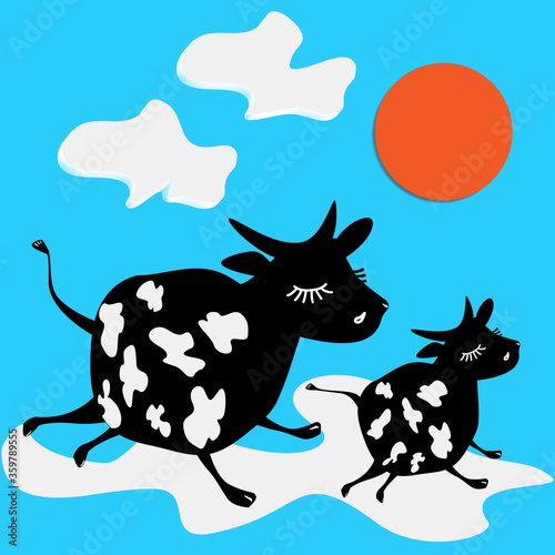 Funny Cows in milky sky. Flat vector illustration for milk products and sellers, nice and bright cover or label image, kids games design elements