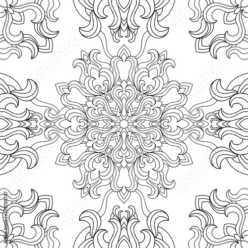 Abstract floral mandala with vintage and wavy elements on white background. Seamless decorative pattern. Suitable for coloring book pages.