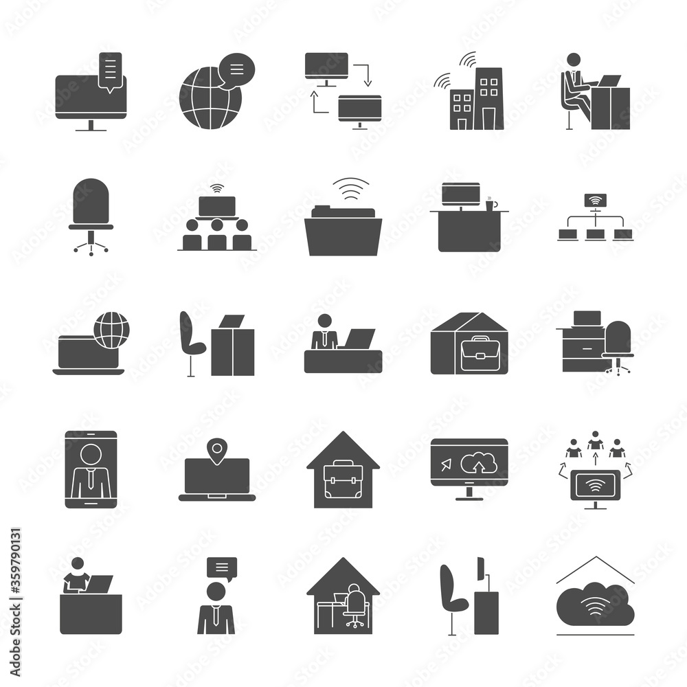 people working and technology devices icon set, silhouette style people working and technology devices icon set, silhouette style
