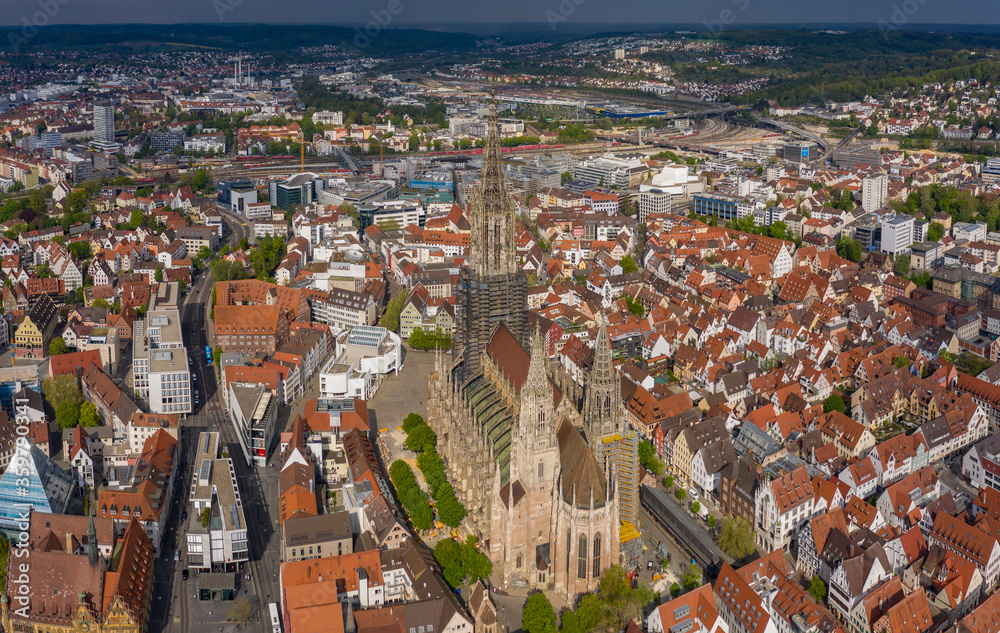 Aerial view of the Ulm münster cathedral in Germany on a sunny spring day during the coronavirus lockdown.
