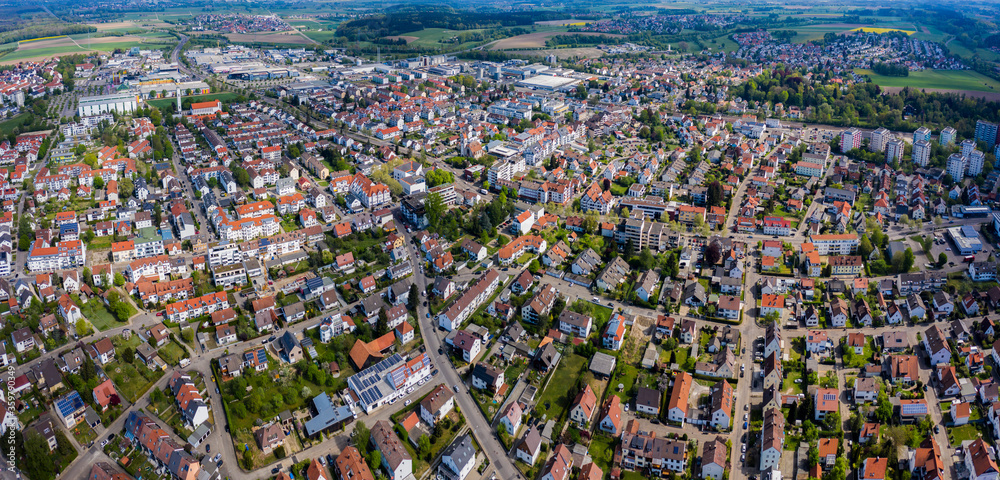Aerial view of the city Senden in Germany, Bavaria on a sunny spring day during the coronavirus lockdown.
