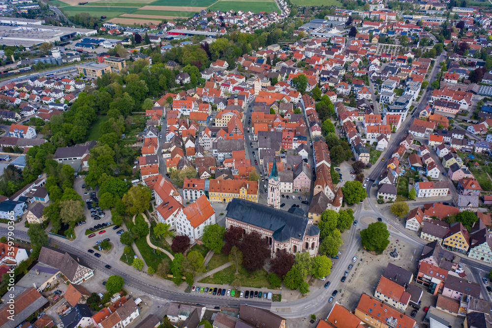 Aerial view of the city Weißenhorn in Germany, Bavaria on a sunny spring day during the coronavirus lockdown.
